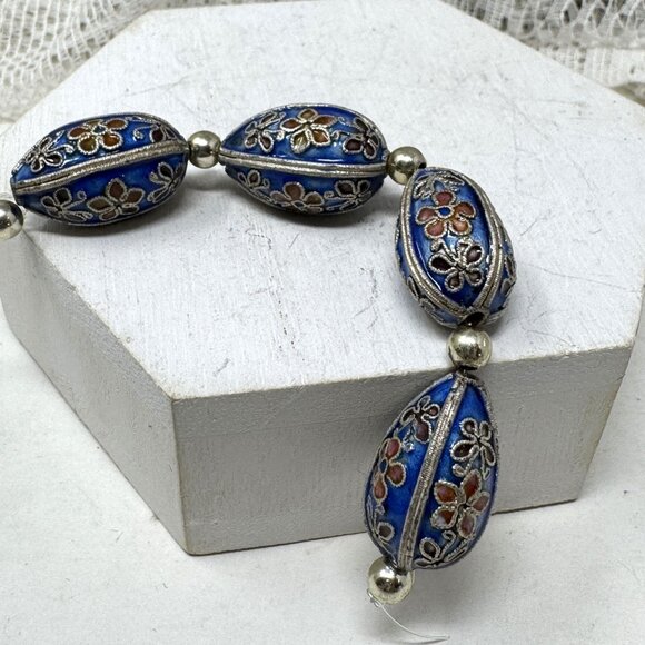 Vintage Cloisonné Blue Floral Oval Bead Necklace Spacer Or Jewelry Making Beads - Picture 4 of 6